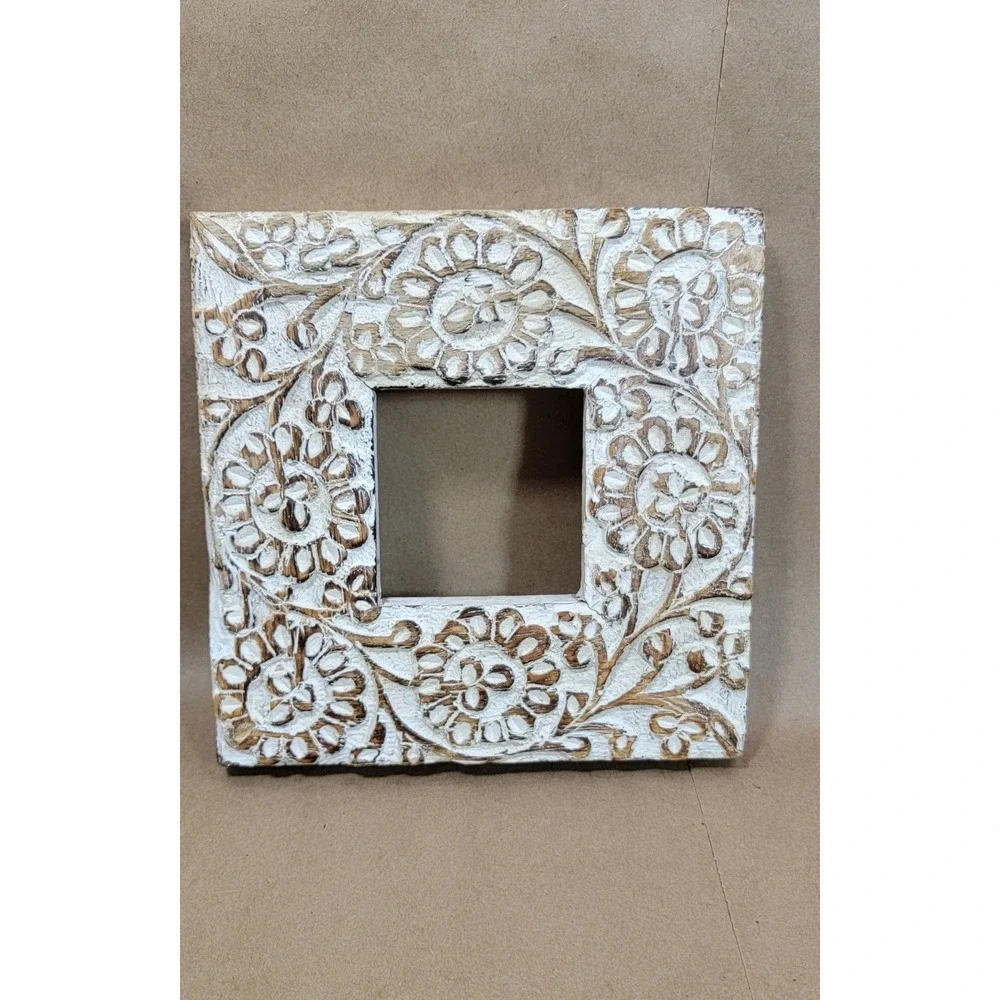 Hand Carved Floral Wood Picture Frame Square Whitewash Boho Rustic 6.5x6.5